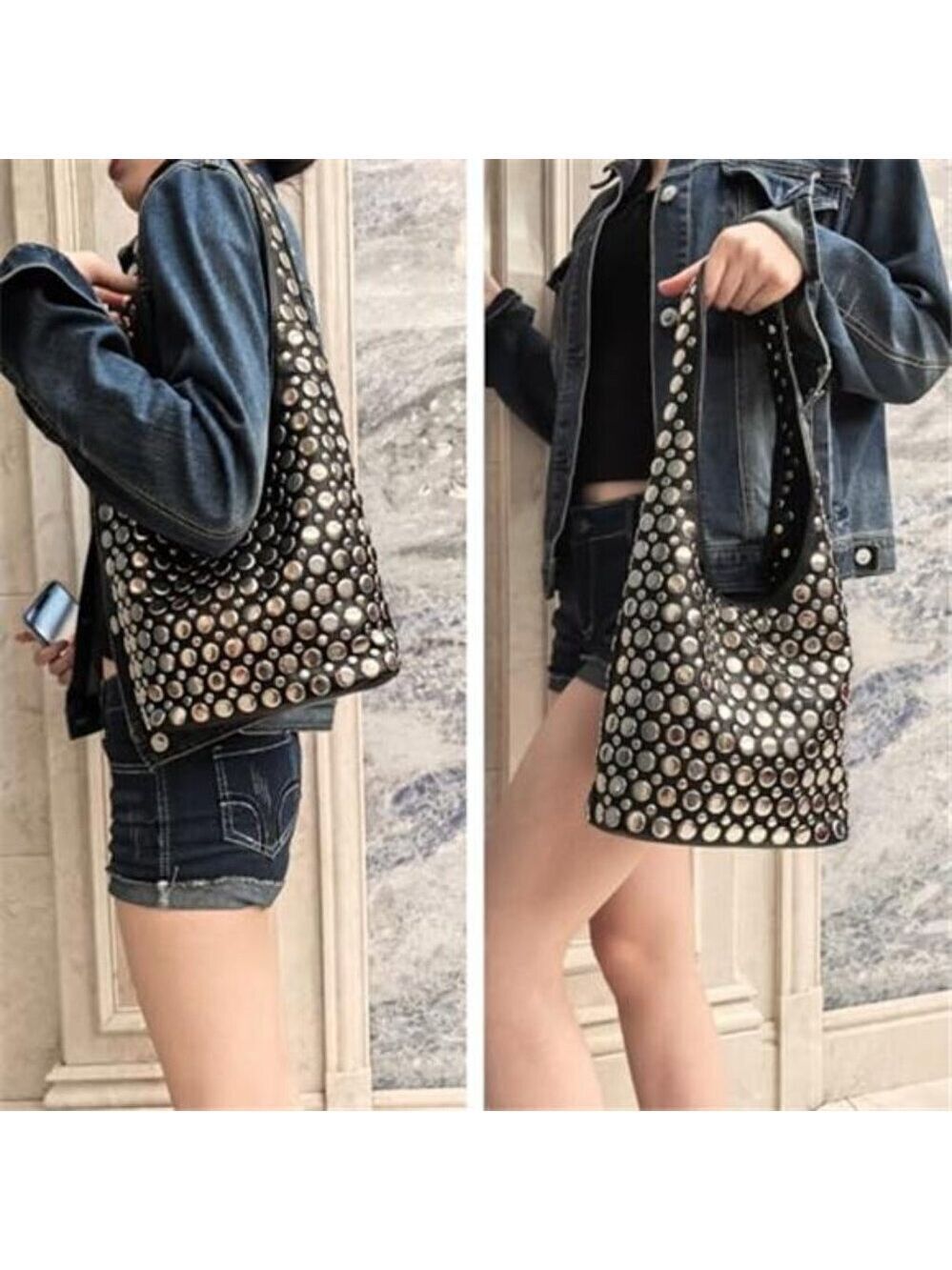Y2K Hobo Shoulder Bag Punk Studded Top Handle Bag for Women Tote Handbag Black - Picture 7 of 7